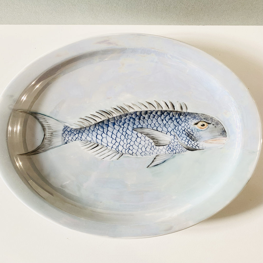 Decorative hand painted plate piatto porcellana Pesce colore blu